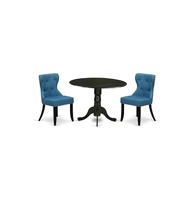 East West Furniture Dining room table set of two amazing indoor dining chairs with Linen Fabric Mineral Blue color and a fantastic wood pedestal kitch