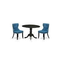 East West Furniture Dining room table set of two amazing indoor dining chairs with Linen Fabric Mineral Blue color and a fantastic wood pedestal kitch