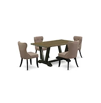 East West Furniture 5-Pc Dining Table Set- 4 Parson Dining Chairs with Coffee Linen Fabric Seat and Button Tufted Chair Back