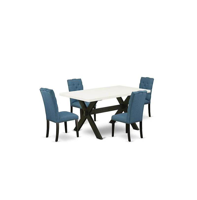 East West Furniture 5-Piece Awesome Dinette Set a Good Linen White Wood Dining Table Top and 4 Amazing Linen Fabric Kitchen Chairs with Nail Heads