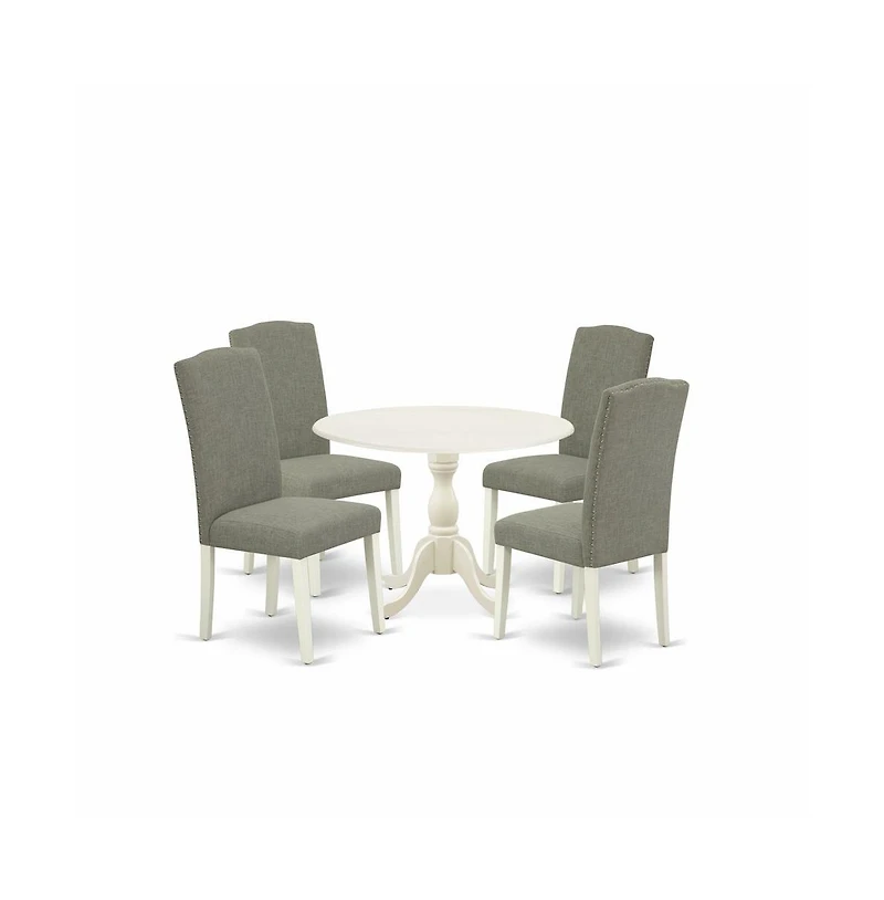 East West Furniture 5 Piece Dining Room Table Set Includes 1 Drop Leaves Wooden Dining Table and 4 Dark Shitake Linen Fabric Dining Chair High Back wi