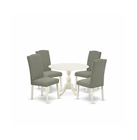 East West Furniture 5 Piece Dining Room Table Set Includes 1 Drop Leaves Wooden Dining Table and 4 Dark Shitake Linen Fabric Dining Chair High Back wi