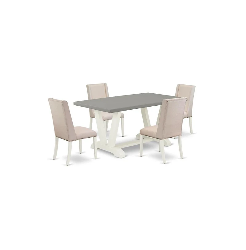 East West Furniture 5-Piece Beautiful a Good Cement Color Kitchen Table Top and 4 Lovely Linen Fabric Solid Wood Leg Chairs with Nail Heads and Stylis