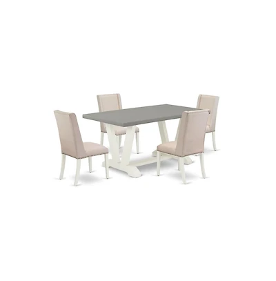 East West Furniture 5-Piece Beautiful a Good Cement Color Kitchen Table Top and 4 Lovely Linen Fabric Solid Wood Leg Chairs with Nail Heads and Stylis