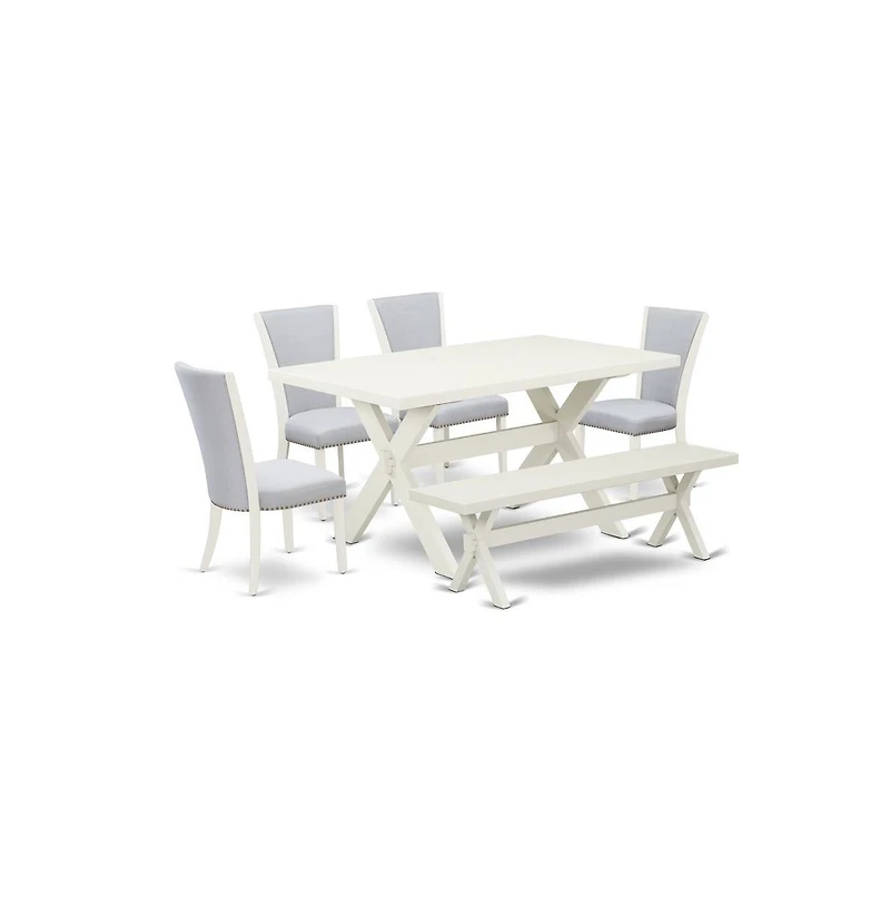 East West Furniture 6 Piece Dining Set - Linen White Rectangular Table, 1 Modern Bench, and 4 Grey Linen Fabric Parson Chairs with Nailheads