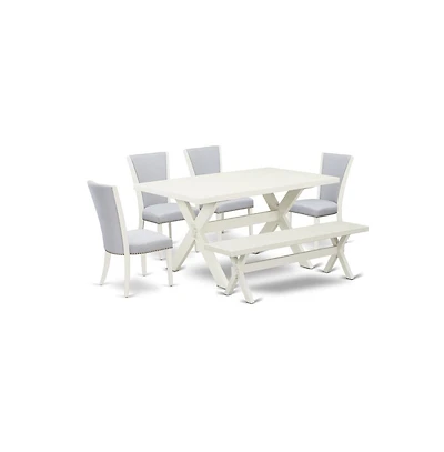 East West Furniture 6 Piece Dining Set - Linen White Rectangular Table, 1 Modern Bench, and 4 Grey Linen Fabric Parson Chairs with Nailheads