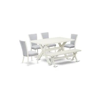 East West Furniture 6 Piece Dining Set - Linen White Rectangular Table, 1 Modern Bench, and 4 Grey Linen Fabric Parson Chairs with Nailheads