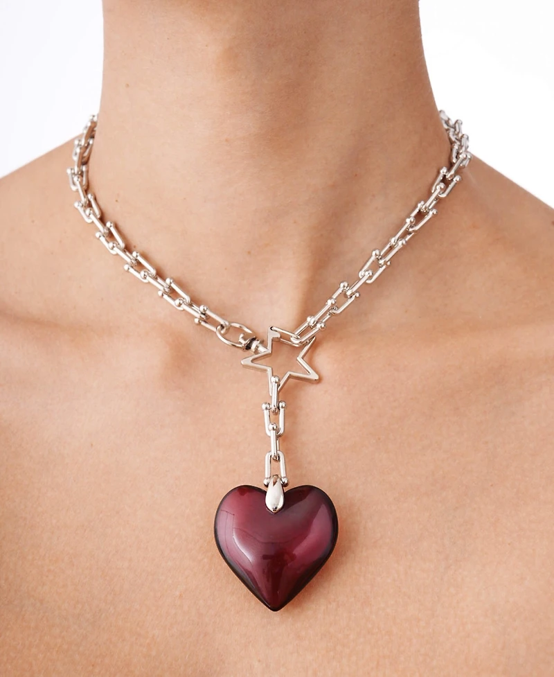 Steel Chain Necklace With Acrylic Red Heart Charm 16