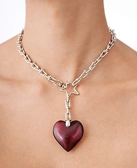 Steel Chain Necklace With Acrylic Red Heart Charm 16