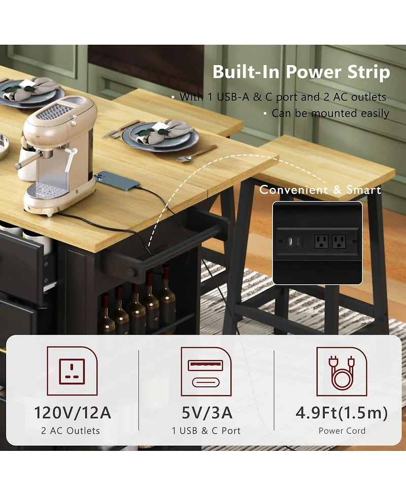 Maison Boucle Rolling Kitchen Island Cart with 6 Drawers, Pull-Out Trash Bin Cabinet, Drop Leaf, Power Outlet & Side Racks for Storage-Maison