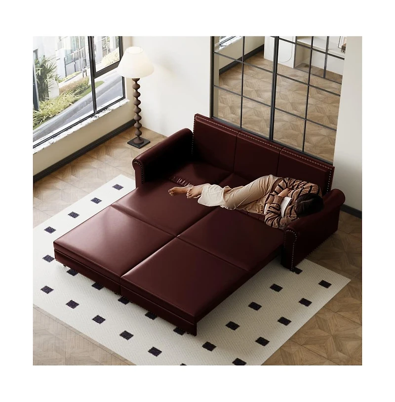 Maison Boucle 93.7" Faux Leather King Pull Out Sofa Bed, 3-in-1 Convertible Sleeper Couch with Rolled Arms & Nailhead Trim for Living Room-Maison Bouc