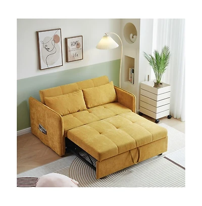 Maison Boucle Chenille Sleeper Loveseat, Yellow Pull-Out Sofa Bed with Adjustable Armrests for Small Spaces & Guest Room-Maison Boucle