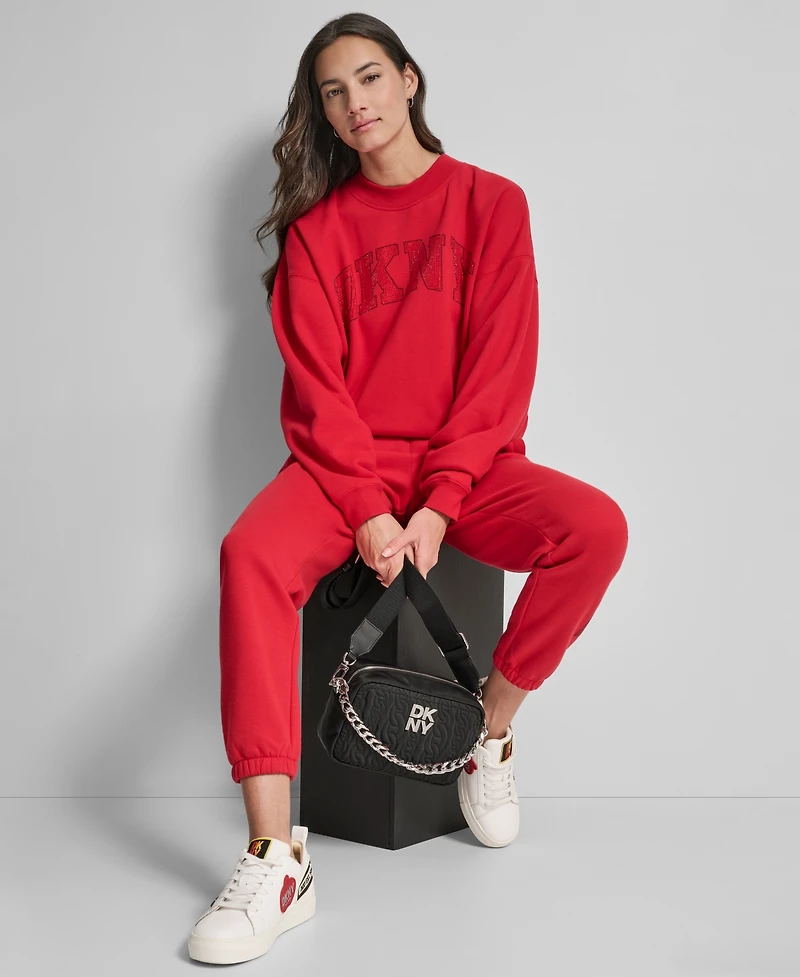 Dkny Women's Exploded Rhinestone Varsity Logo High Rise Relaxed Jogger