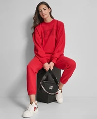 Dkny Women's Exploded Rhinestone Varsity Logo High Rise Relaxed Jogger