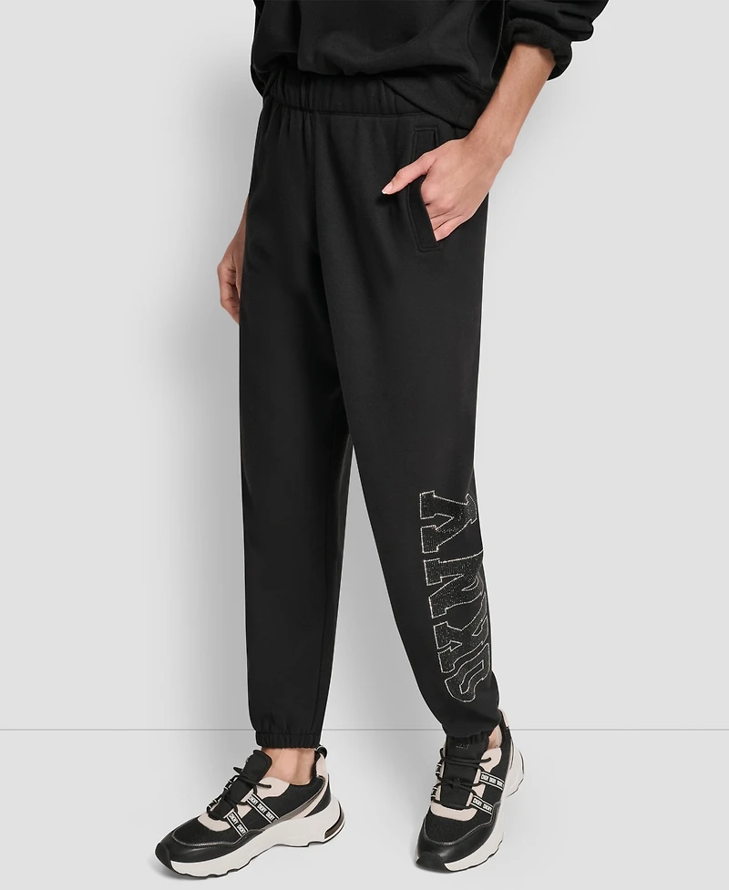 Dkny Women's Exploded Rhinestone Varsity Logo High Rise Relaxed Jogger