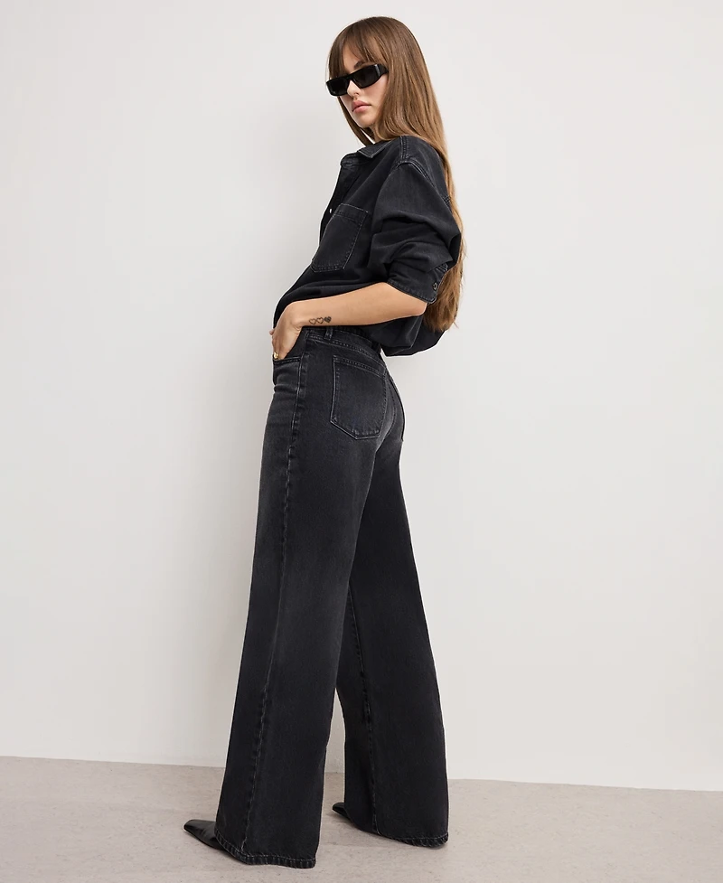 Good American Women's Denim Long Sleeve Shirt Jumpsuit, Regular and Plus