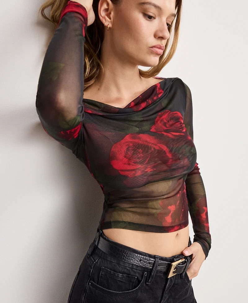 Good American Women's Mesh Ruched Asymmetric Top, Regular and Plus