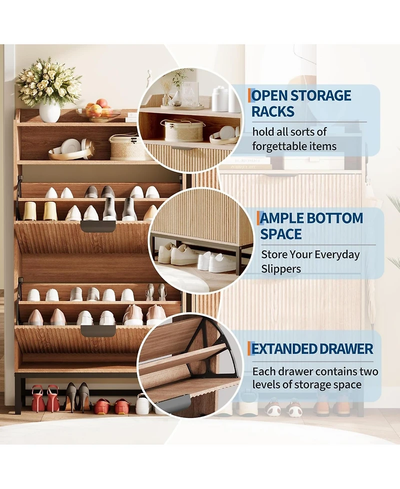 gaomon Narrow Shoe Cabinet Storage for Entryway, Modern Fluted Shoe Rack Organizer with 2 Flip Drawers and an Open Shelf for Hallway, Living Room, Nat