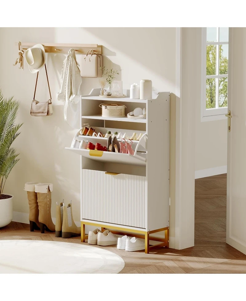 gaomon Narrow Shoe Cabinet Storage for Entryway, Modern Fluted Shoe Rack Organizer with 2 Flip Drawers and an Open Shelf for Hallway, Living Room, Whi
