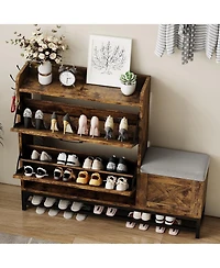 gaomon Shoe Cabinet with 2 Flip-Drawers & Storage Bench, Farmhouse Wood Freestanding Shoe Rack with 2 Hooks & Bottom Shelf for Entryway