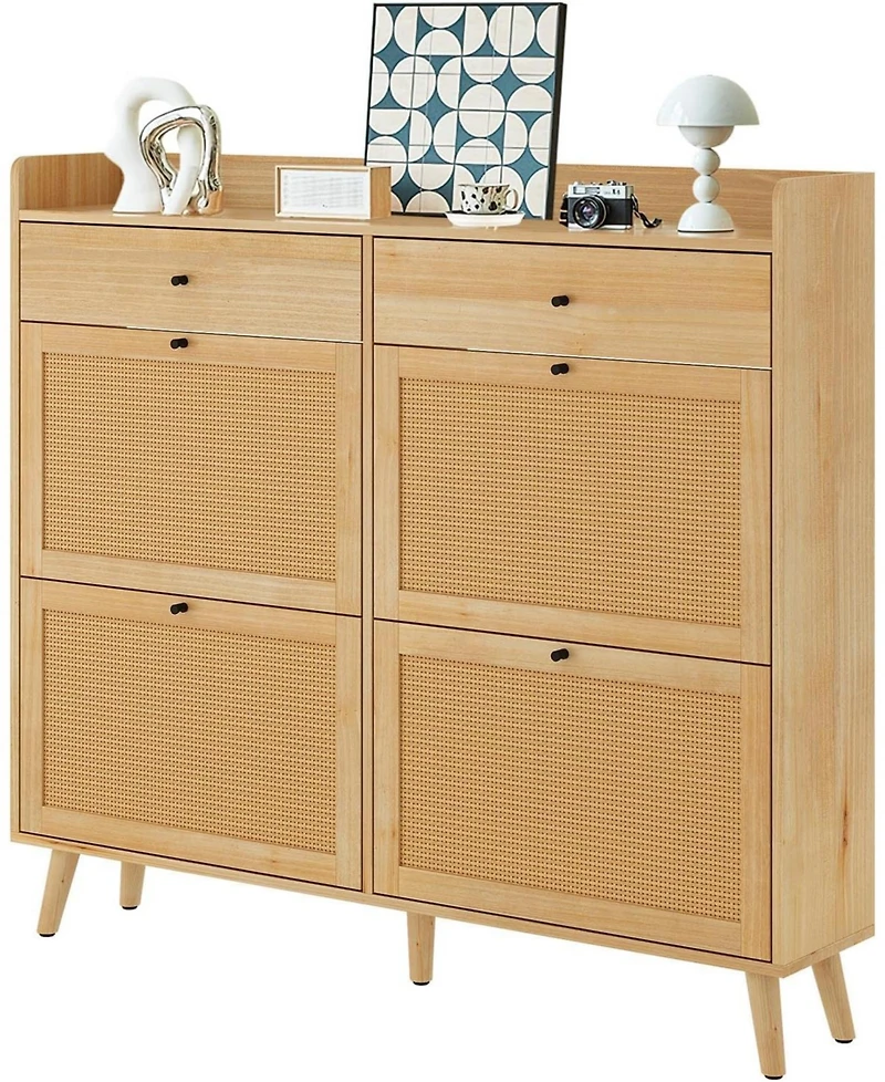 gaomon Shoe Cabinet Storage with 4 Flip Drawers, Rattan Narrow Shoe Rack Cabinet Storage for Entryway Hallway Living Room Closet, Nature Oak