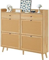 gaomon Shoe Cabinet Storage with 4 Flip Drawers, Rattan Narrow Shoe Rack Cabinet Storage for Entryway Hallway Living Room Closet, Nature Oak