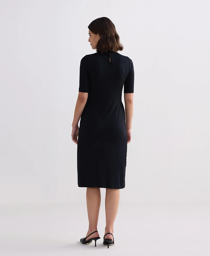 Reistor Women's High Crew Neck Elbow Sleeves Fitted Dress Black
