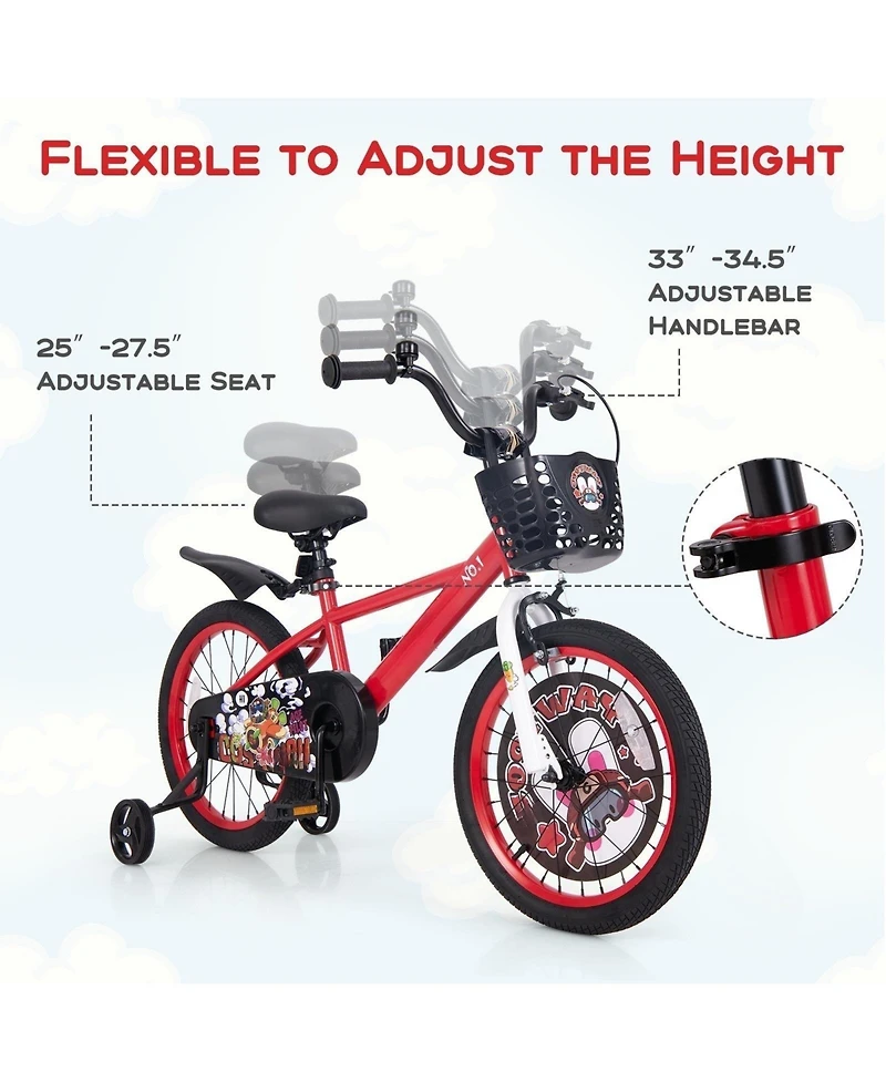 18 Inch Kids Bike Adjustable with Storage Basket and Double Brake for 4-8 Years Old-18 inches