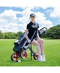 Foldable 3 Wheels Push Pull Golf Trolley with Scoreboard Bag-Red