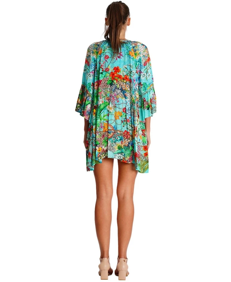 La Moda Clothing Women's Multicolor Mini Dress with Side Asymmetrical Hem and Beaded Neckline