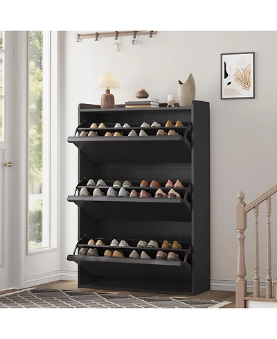 gaomon Shoe Cabinet with 3 Flip Drawers, Wooden Shoe Organizer with Adjustable Shelf, Shoe Storage for Entryway, Hidden Shoe Cabinet for Hallway, Blac