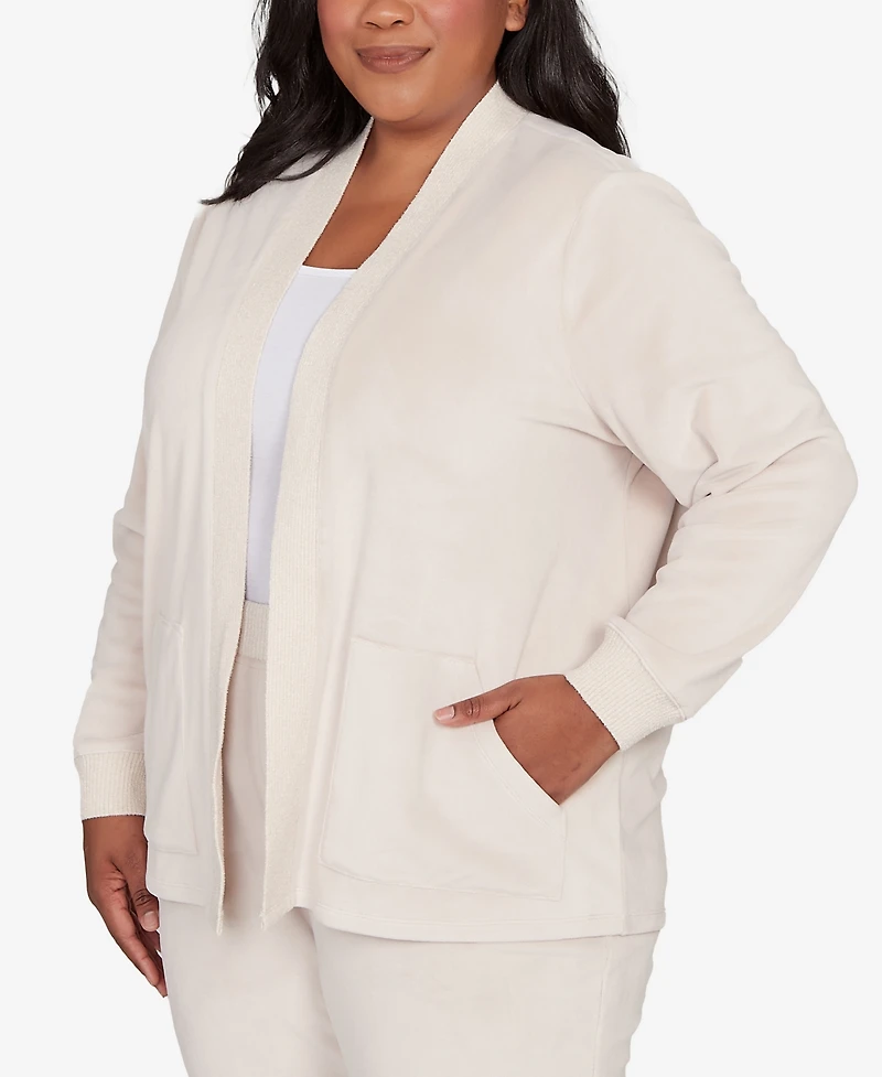 Alfred Dunner Plus Calm Luxe Open Front Rib Trim Cardigan