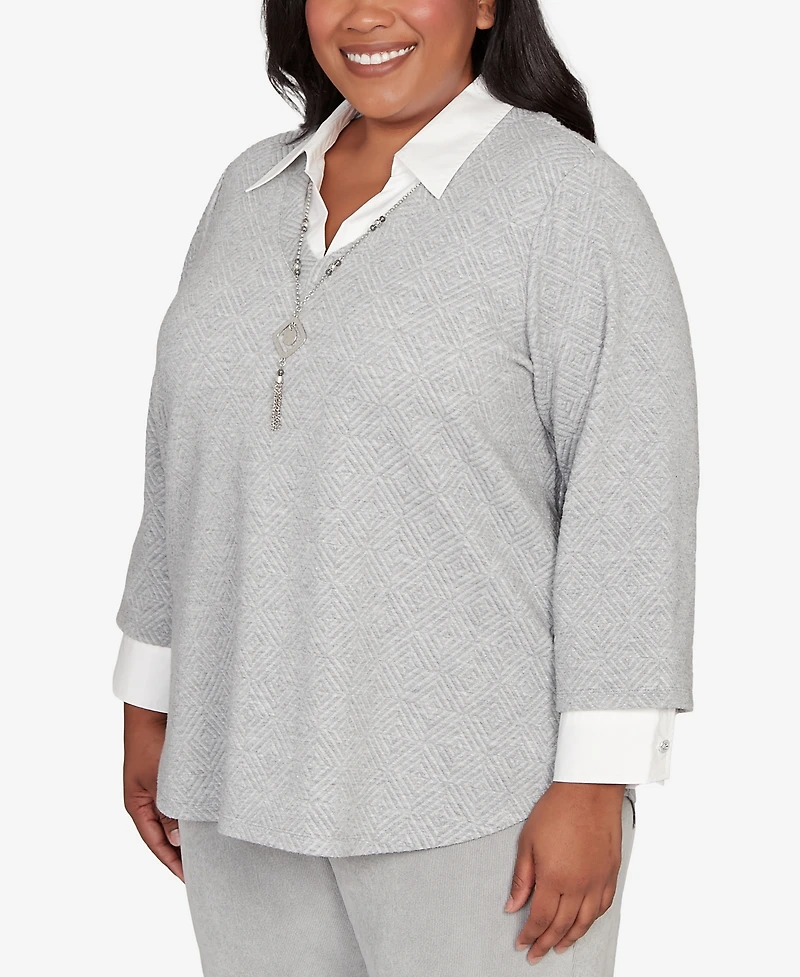 Alfred Dunner Plus Stockbridge Diamond Jacquard Two One Top With Necklace