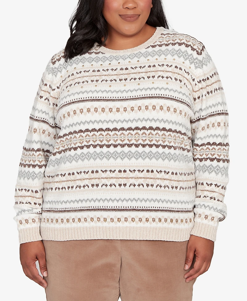 Alfred Dunner Plus Vienna Geometric Biadere Striped Chenille Sweater