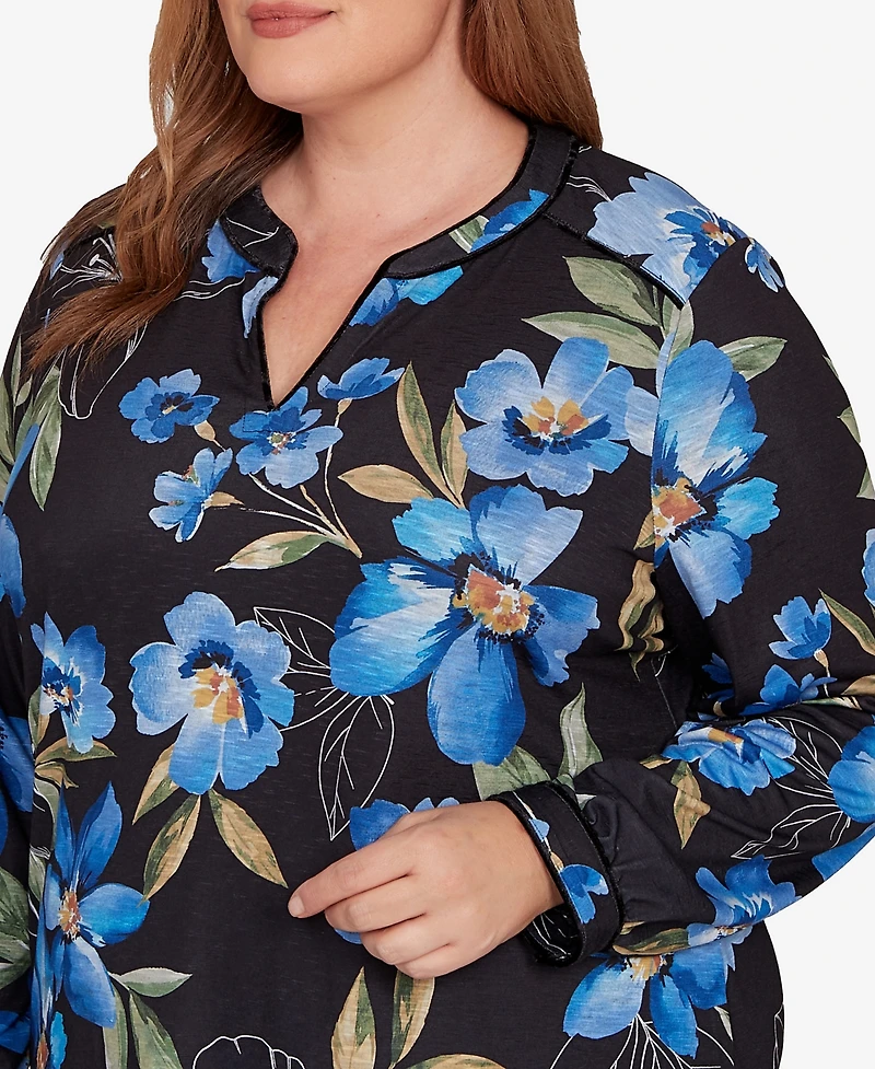 Alfred Dunner Plus Barcelona Watercolor Floral Velvet Trim Top