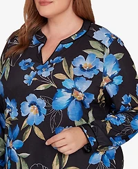 Alfred Dunner Plus Barcelona Watercolor Floral Velvet Trim Top