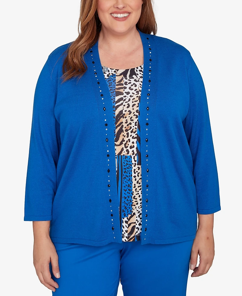 Alfred Dunner Plus Barcelona Vertical Animal Print Two One Sweater