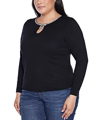Belldini Plus Size Women's Embellished Keyhole Crew Neck Sweater