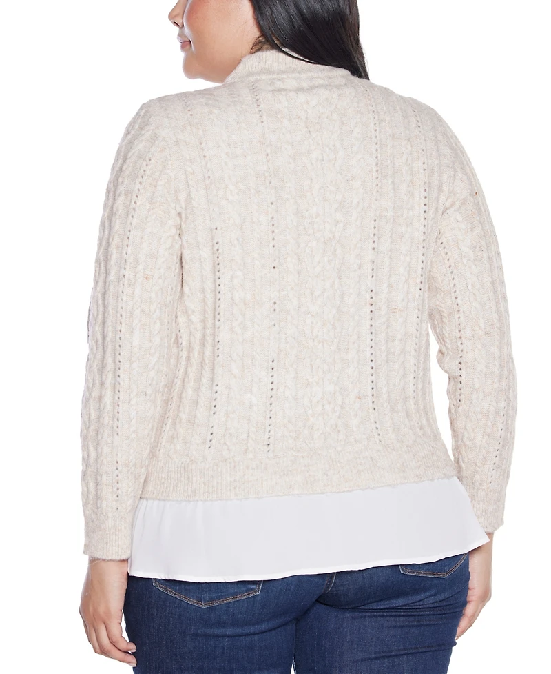 Belldini Plus Black Label Chiffon-Hem Cable Sweater