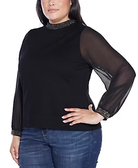 Belldini Plus Black Label Rhinestone-Neckline Chiffon-Sleeve Sweater