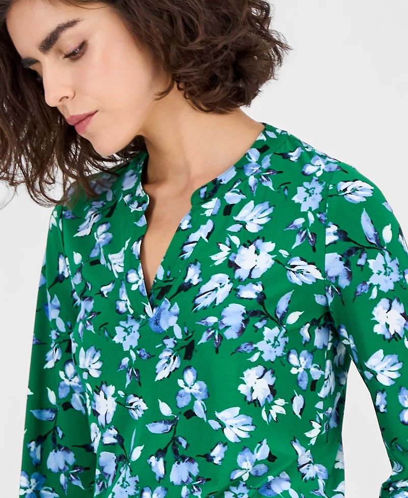 Ak Anne Klein Women's Printed Split-Neck Long-Sleeve Top