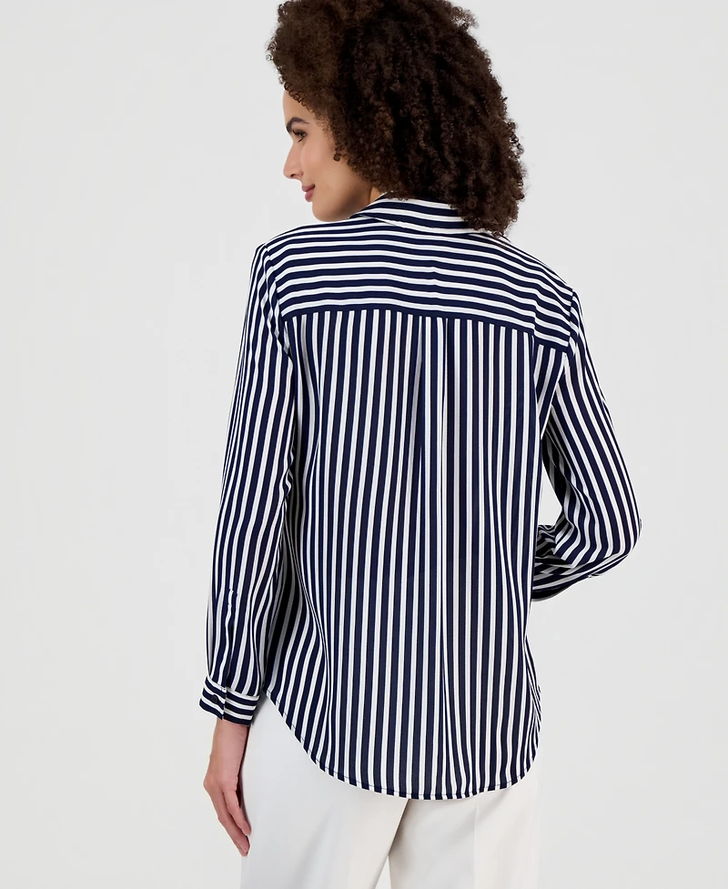 Ak Anne Klein Petite Stripe Button-Front Slim-Fit Shirt