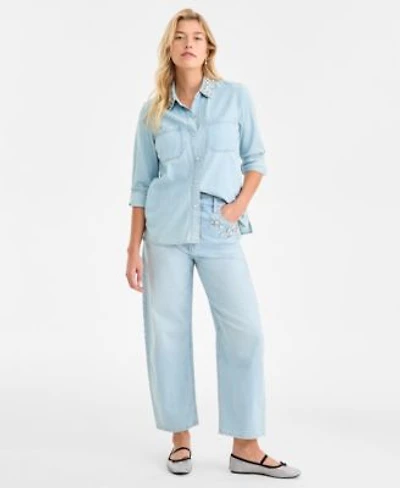 On 34th Womens Denim Button Up Shirt Embellished Barrel Leg Jeans Macys Exclusive