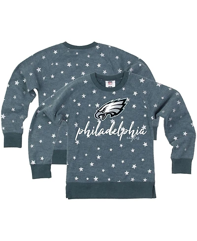 Wes & Willy Big Girls Midnight Green Philadelphia Eagles Shimmer Star Reverse Fleece Pullover Sweatshirt