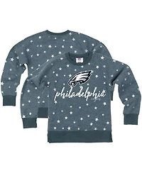 Wes & Willy Big Girls Midnight Green Philadelphia Eagles Shimmer Star Reverse Fleece Pullover Sweatshirt