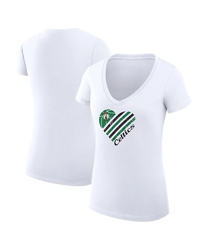 G-iii 4Her by Carl Banks Women's White Boston Celtics Super-Slim Fit Lightweight Heart V-Neck T-Shirt