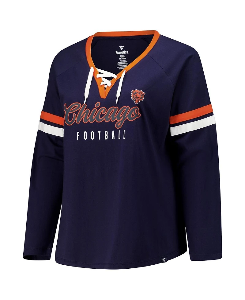 Fanatics Women's Navy Chicago Bears Plus Won Done Lace-Up V-Neck Long Sleeve T-Shirt