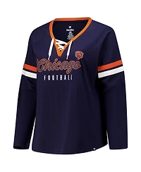 Fanatics Women's Navy Chicago Bears Plus Won Done Lace-Up V-Neck Long Sleeve T-Shirt
