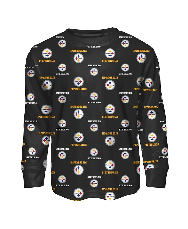 Outerstuff Toddler 2-Piece Black Pittsburgh Steelers All-Over-Print Long Sleeve T-Shirt and Pants Sleep Set