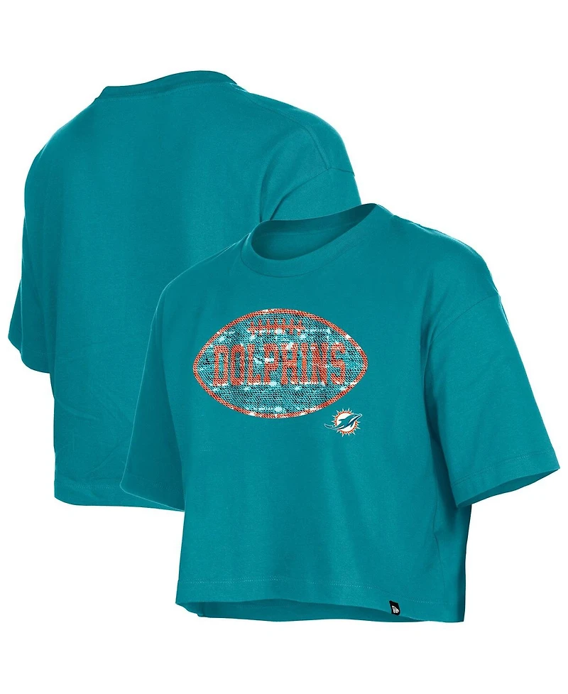 New Era Girls Aqua Miami Dolphins Flip Sequin Boxy T-Shirt